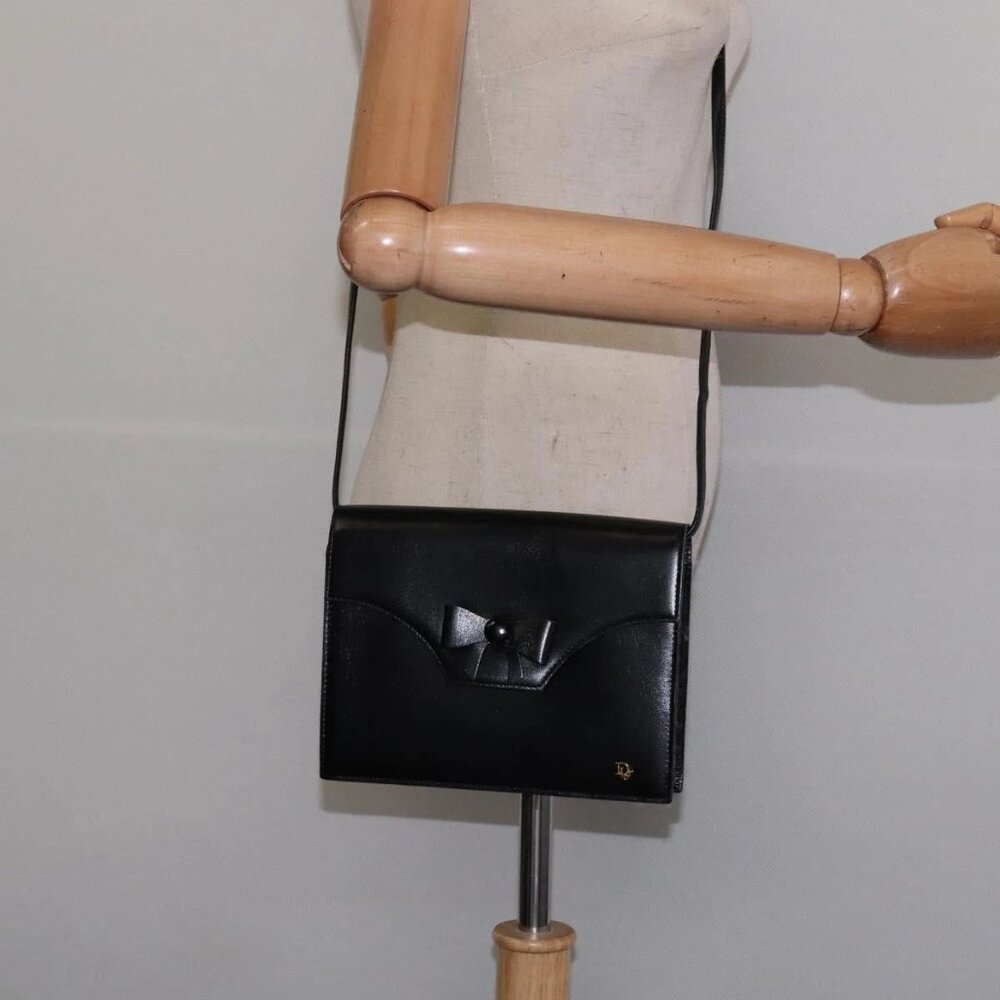 Christian Dior Shoulder Bag Leather Black Gold Auth
